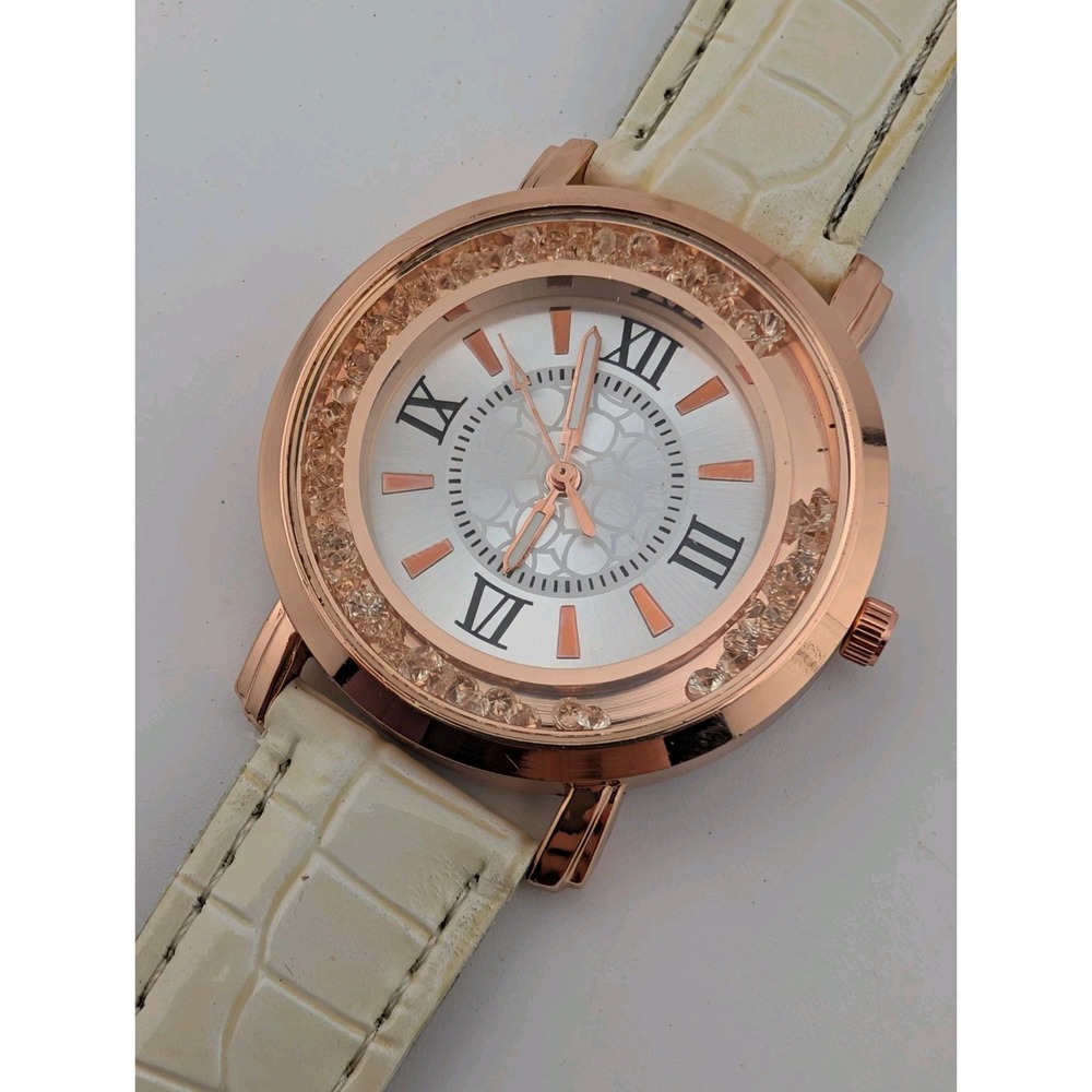 Women's Quartz Watch Rose Gold Case Floating Crystals Faux Leather Band- Working